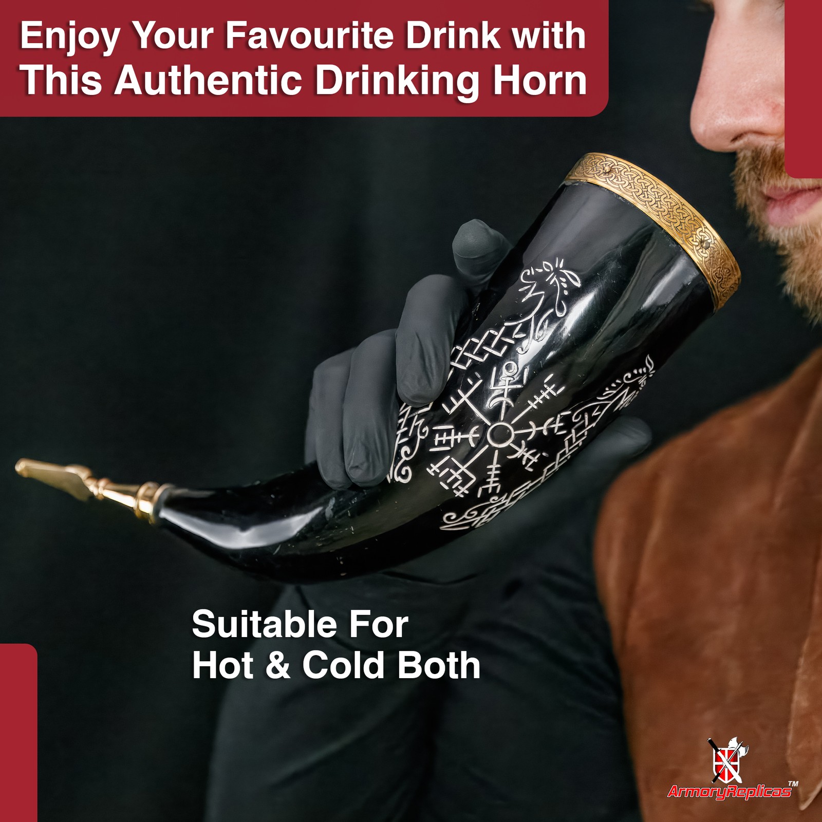 Authentic Jormungandr Viking Horn with Iron Stand - 7-11oz Norse Drinking Horn