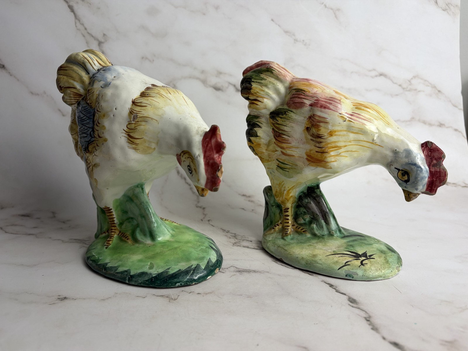 Vintage Italian Majolica Rooster Figurines Hand Painted Chicken Pair Farmhouse