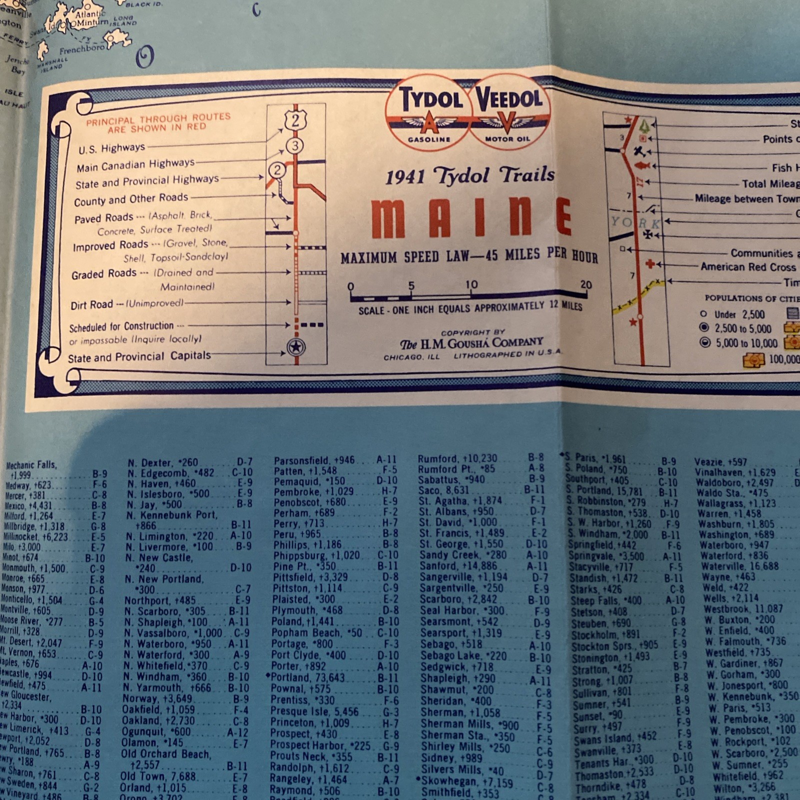 1941 Maine Maritime Province Road Map Tydol Flying A Gas Oil Advertising F32