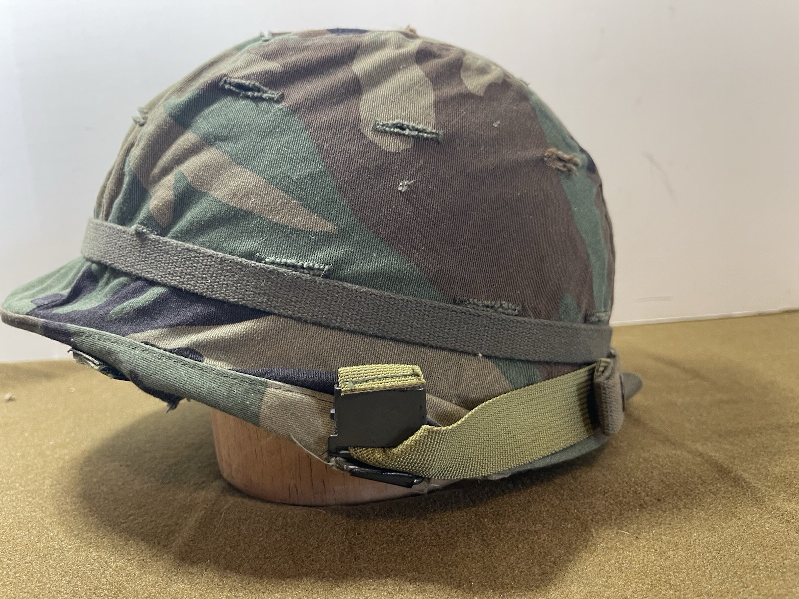 US Army M1 Helmet Shell With Cover And Chin Strap 1980s Vintage No Liner