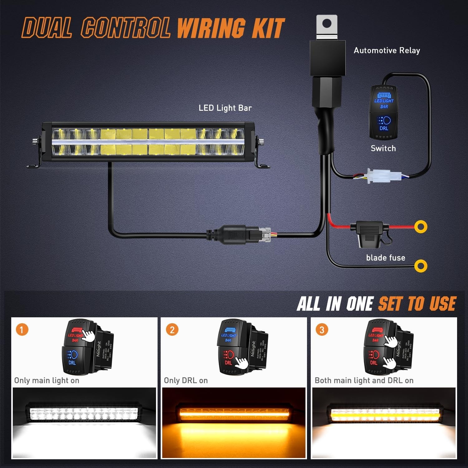 Nilight 16 Inch LED Light Bar with Amber DRL 120W Flood Spot Combo Offroad Light