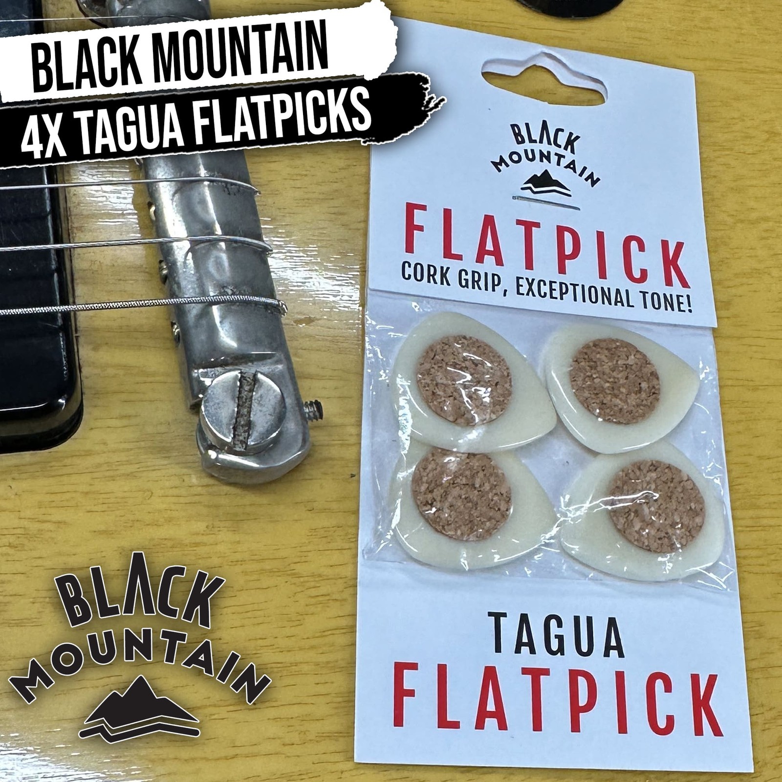 BLACK MOUNTAIN Handcrafted Tagua Guitar Picks with Embedded Cork Grip -Four Pack