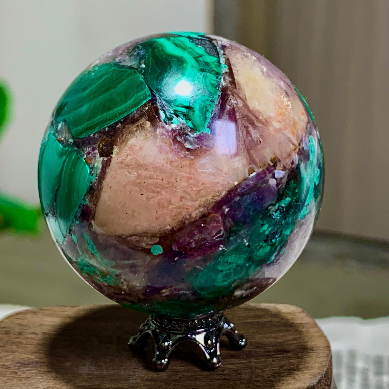 108G Newly discovered rare malachite purple mica symbiotic sphere restoration