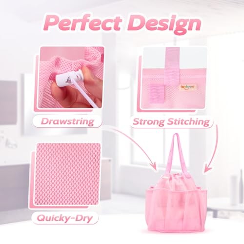 Mesh Shower Caddy Portable with Drawstring, Dorm Room Essentials for PINK