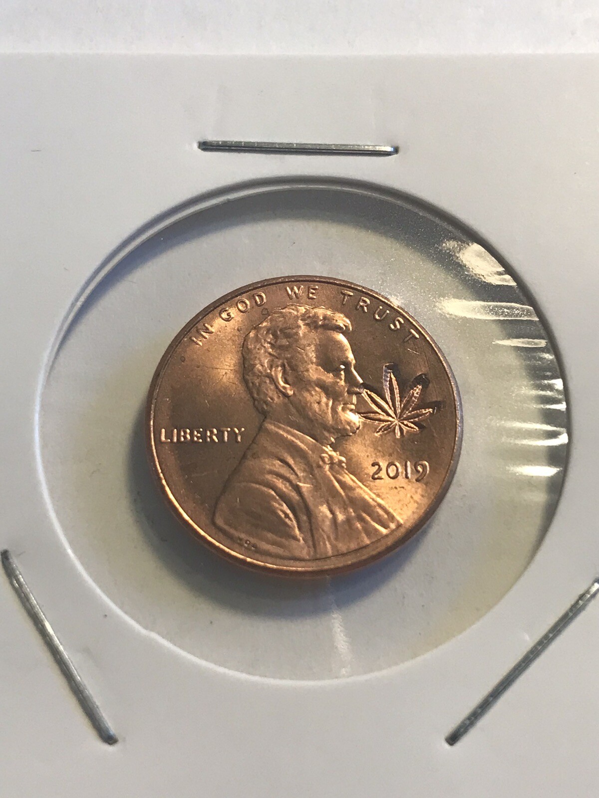 Stamped Coin - One Cent Coin - Marijuana Leaf