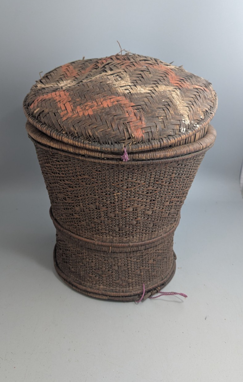 Older Dayak Borneo Rattan Lidded Basket Pedestal Rice Storage Indonesian