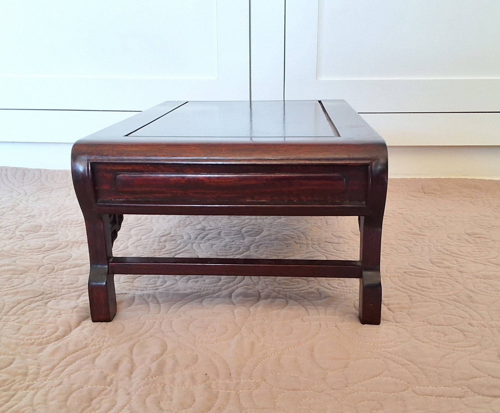 Pair MCM Oriental Asian Mahogany Brown Rectangular Shrine Table Set Bonsai Vtg