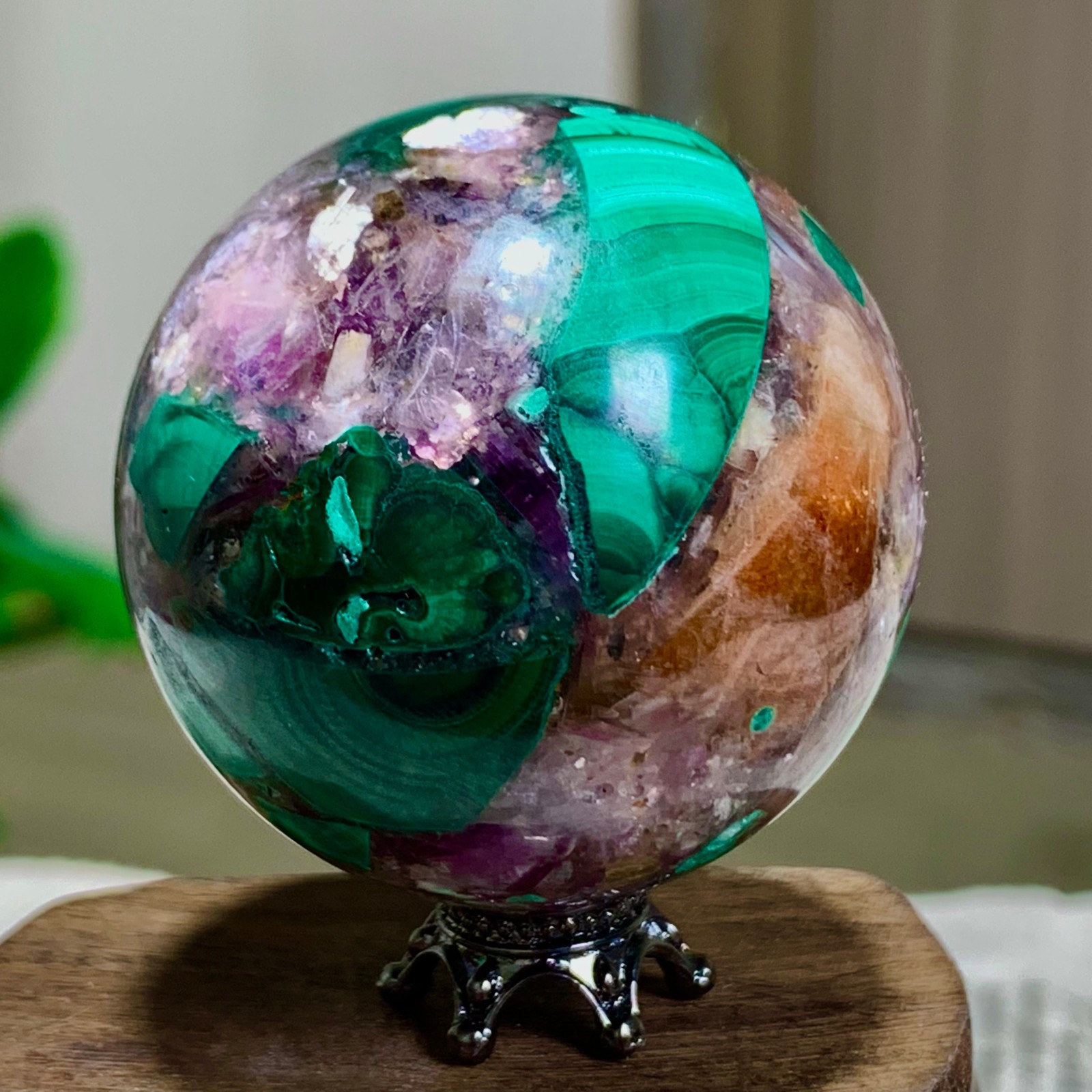 108G Newly discovered rare malachite purple mica symbiotic sphere restoration