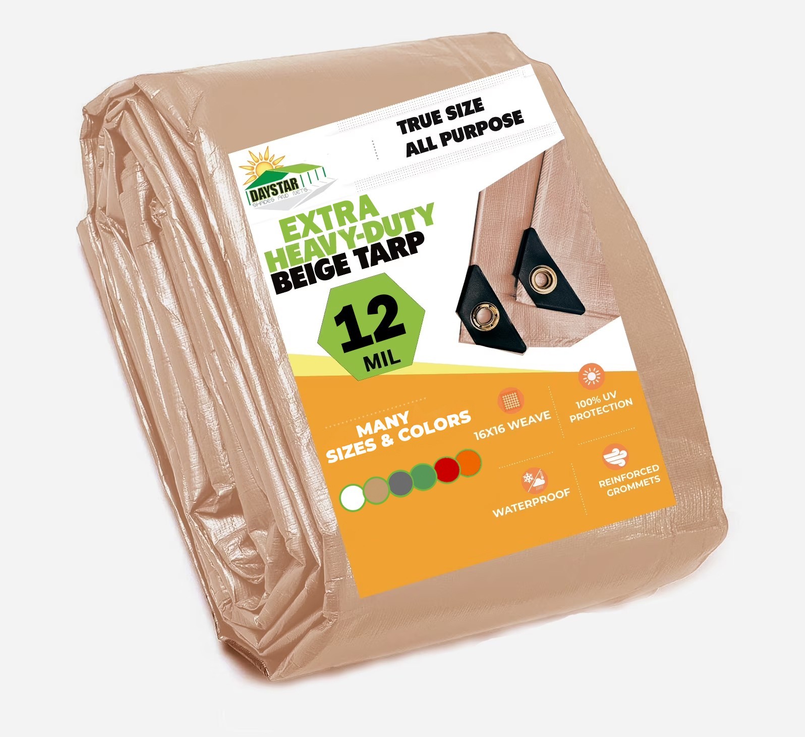 Extra Heavy Duty (Beige/Tan) Tarp 12 Mil Thickness Poly 3Ply 6oz Reinforced Tarp