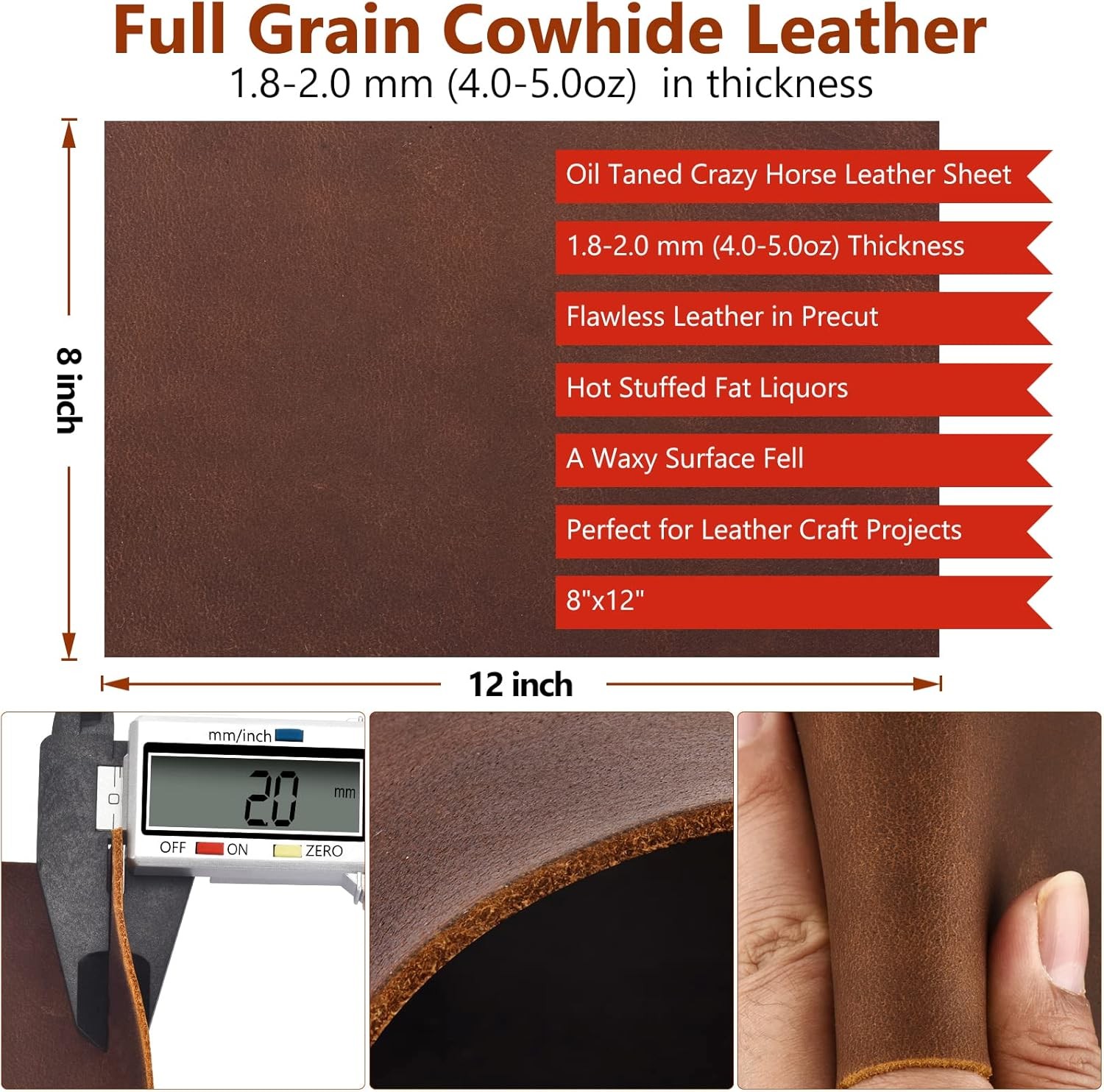 Genuine Leather Sheet 8x12" Full Grain Crazy Horse Cowhide 1.8-2mm Brown Craft
