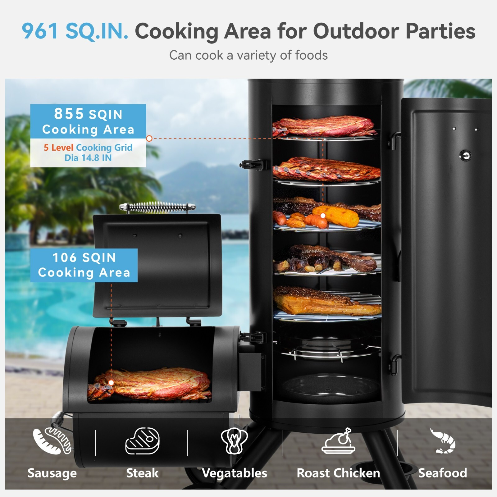 Outdoor BBQ Gill Vertical Offset Charcoal Smoker & Grill Extra Large Heavy-Duty