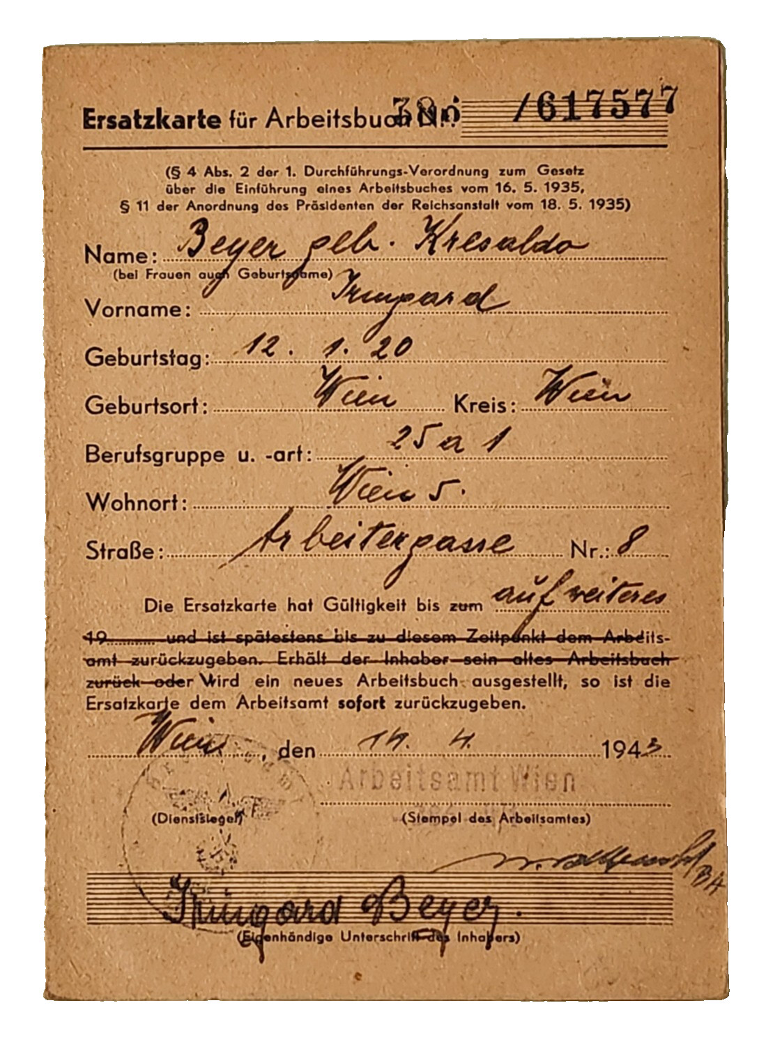 WW2 Germany.  Replacement card for workbook, 1941-45..