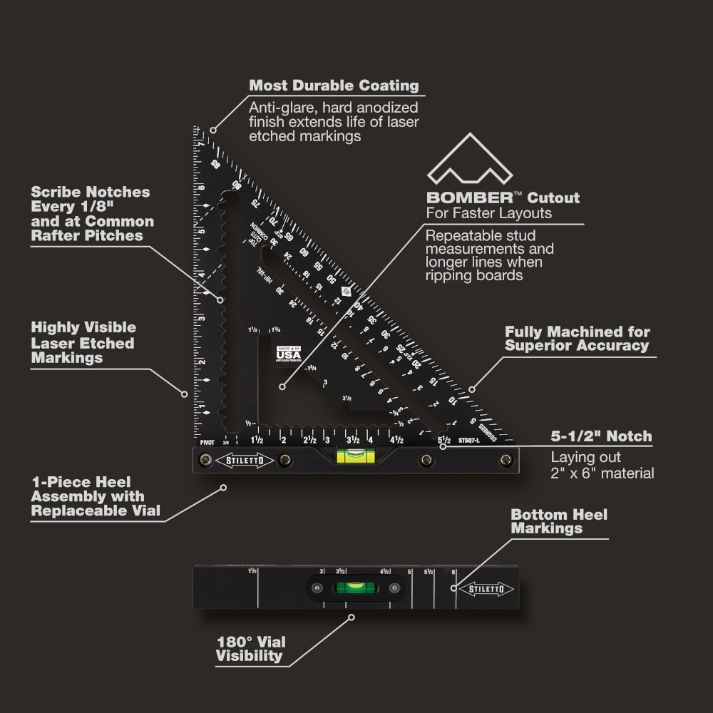 Stiletto STSQ7-L 7" Carpenter Square with Level Aluminum Black