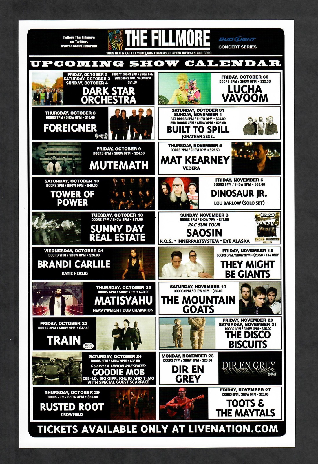 Fillmore 2009 Handbill Foreigner TOP Toots Train Matisyahu They Might Be Giants