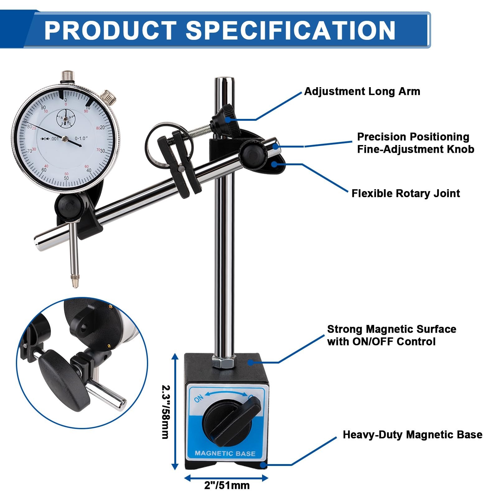 Reloj Comparador Base Magnética Precisión 0.001 Calibra Motores Torno Alineación