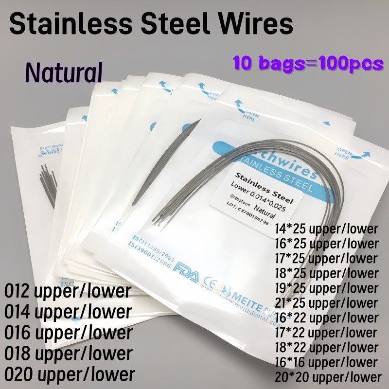 100Pc Ortho Dental Arch Wire S.S Natural Stainless Steel Wires Round Rectangular