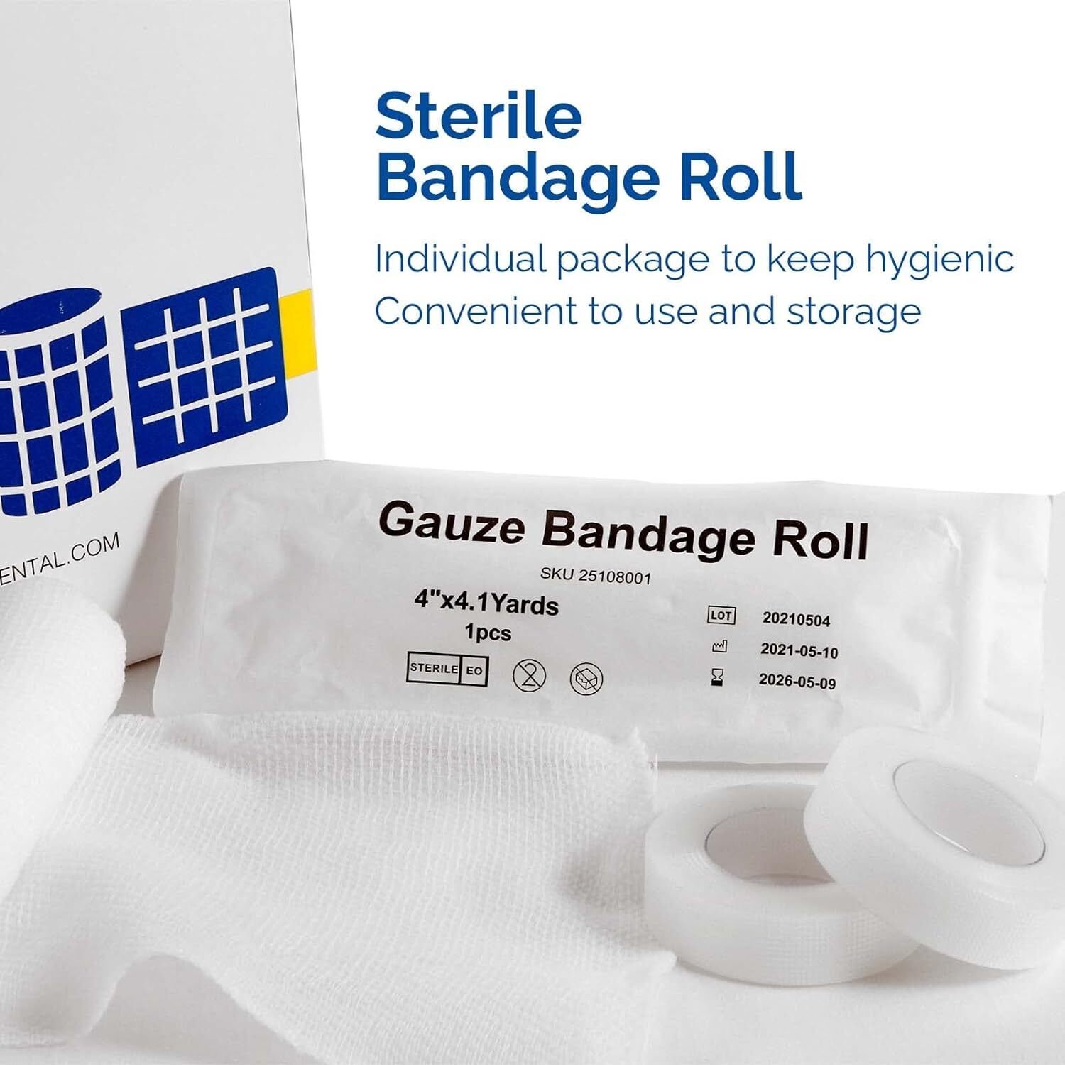 24 Rolls/Box, Rolled Gauze Bandage 4"x4.1 yd Sterile Stretch w/ 2 Medical Tape