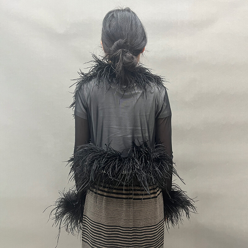 Lady Ostrich Feather Top Cardigan Mesh Sexy See Through Fluffy Feather Blouse