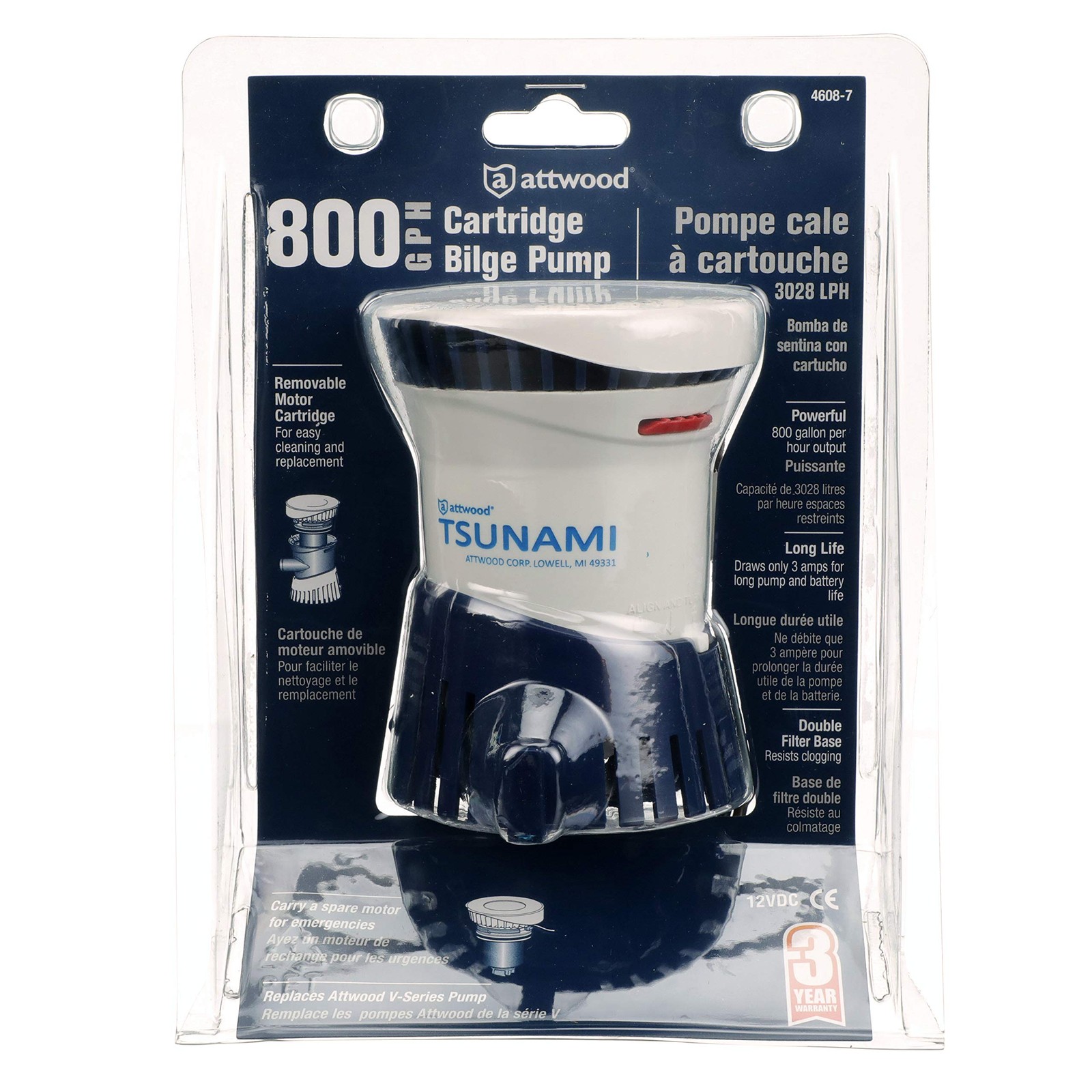 Attwood 4608-7 Tsunami T800 Bilge Pump, 800 GPH, 12-Volt, Barbed ¾-Inch Diameter