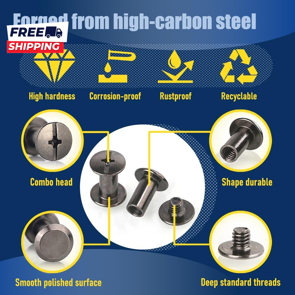 130 Sets Gunmetal Black Chicago Screws Leather Rivets Kit 7 Sizes