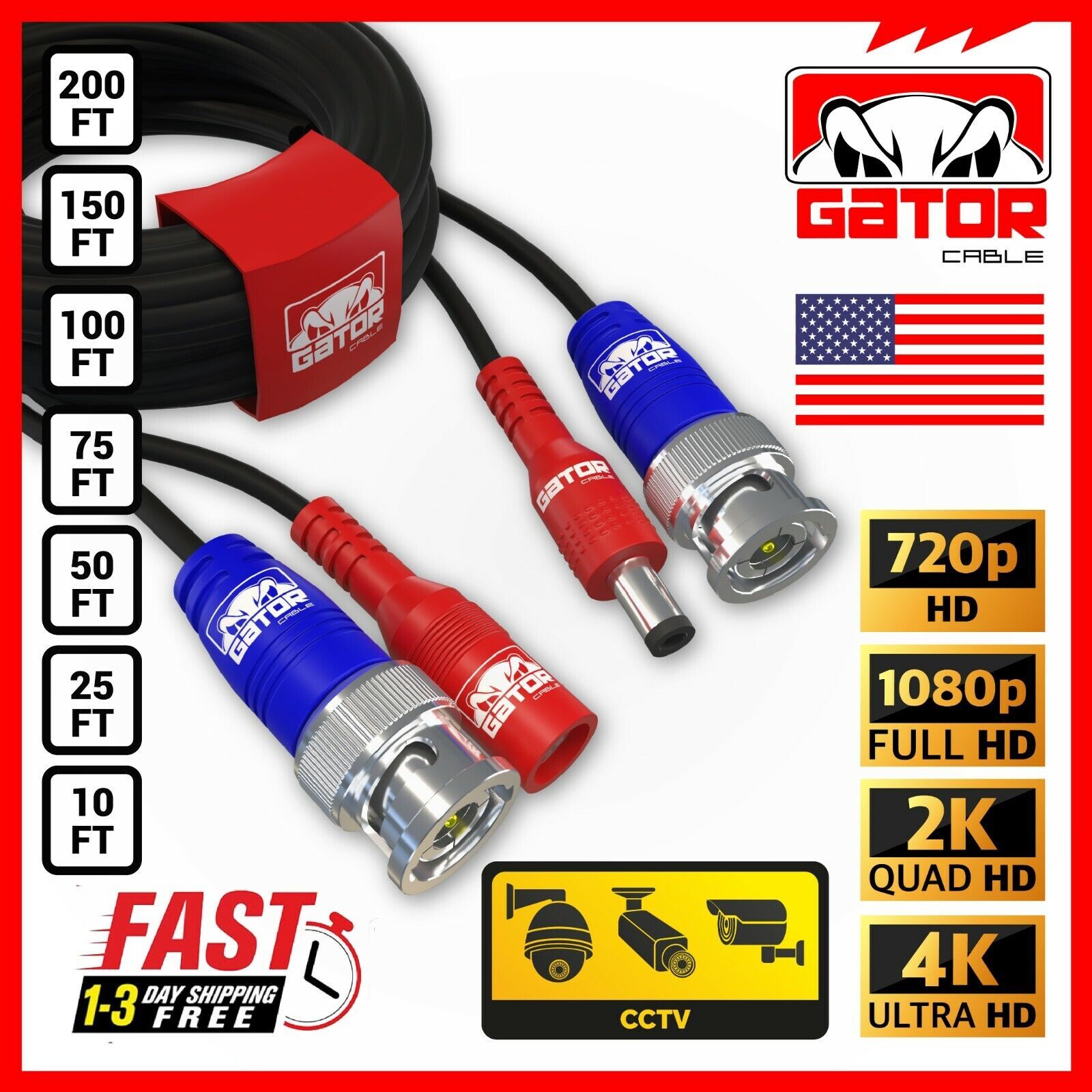 CCTV Cable Camera Security Surveillance BNC Extension Wire DC Power Video DVR HD