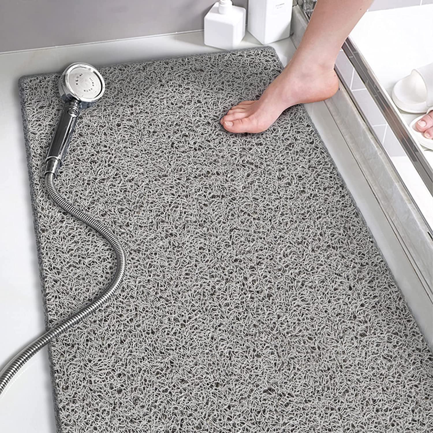 Non Slip Shower Mat No Suction Cups 15.7x36 Grey PVC Quick Dry Bathroom Rug