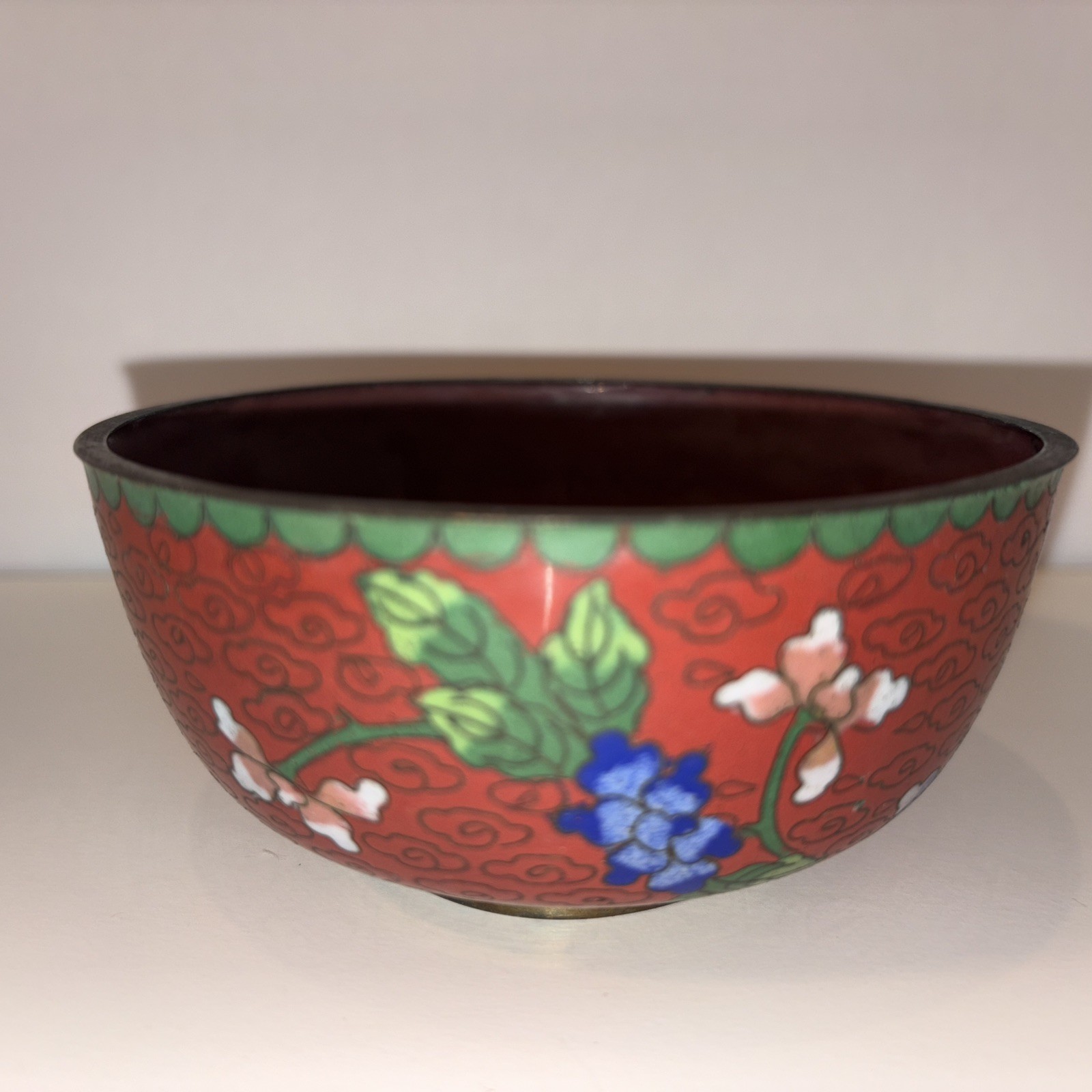 Vintage Cloisonné Enamel Bowl Maroon/green/blue China 4.5” Flowers