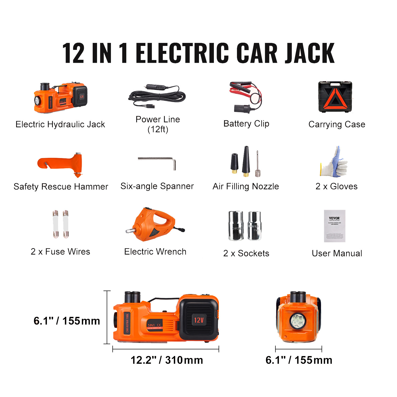 Electric Car Jack 5 Ton 12V Hydraulic Floor Jack w/Impact Wrench &Inflator Pump