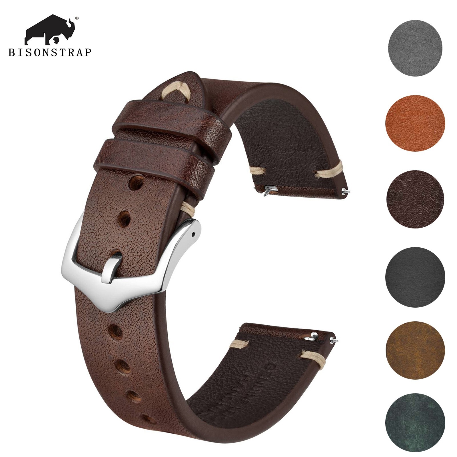 BISONSTRAP Calfskin Leather Watch Strap Quick Release 18mm 20mm 22mm Watch Band