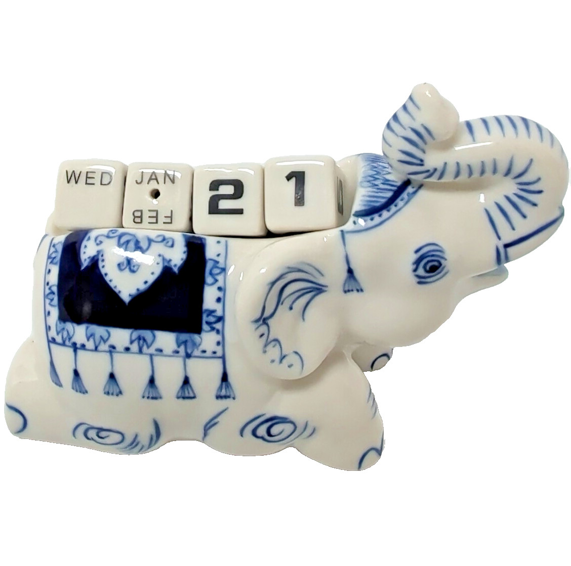 Ceramic ELEPHANT w/ PERPETUAL CALENDAR Blue Thailand - 3.5" Long x 2.5" Tall