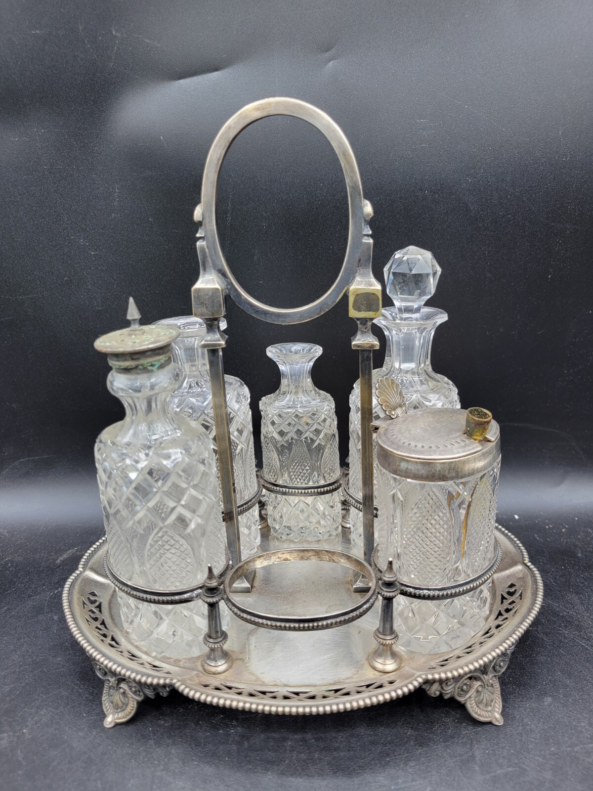 antique 1800's ornate cut crystal silver plate cruet condiment set caddy