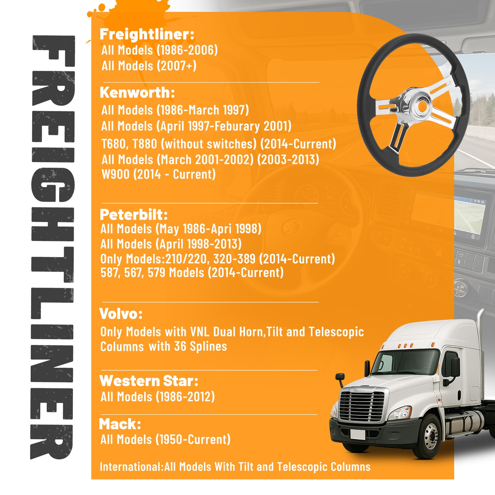 4 Spoke Steering Wheel 18" Black For Freightliner/ Kenworth/ Peterbilt/ Volvo