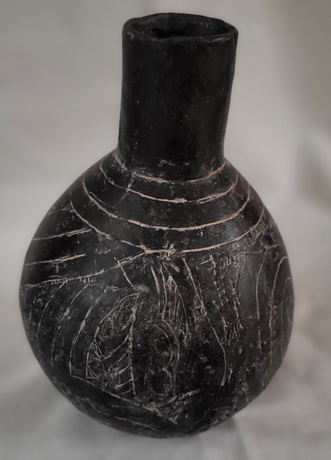 Black Haley Engraved Caddo WaterBottle Ancient Native American Indian Pottery
