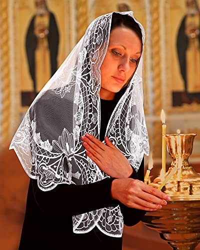 Catholic Mantilla Mass Veil - Triangle Cross Embroidery Church Lace White-1