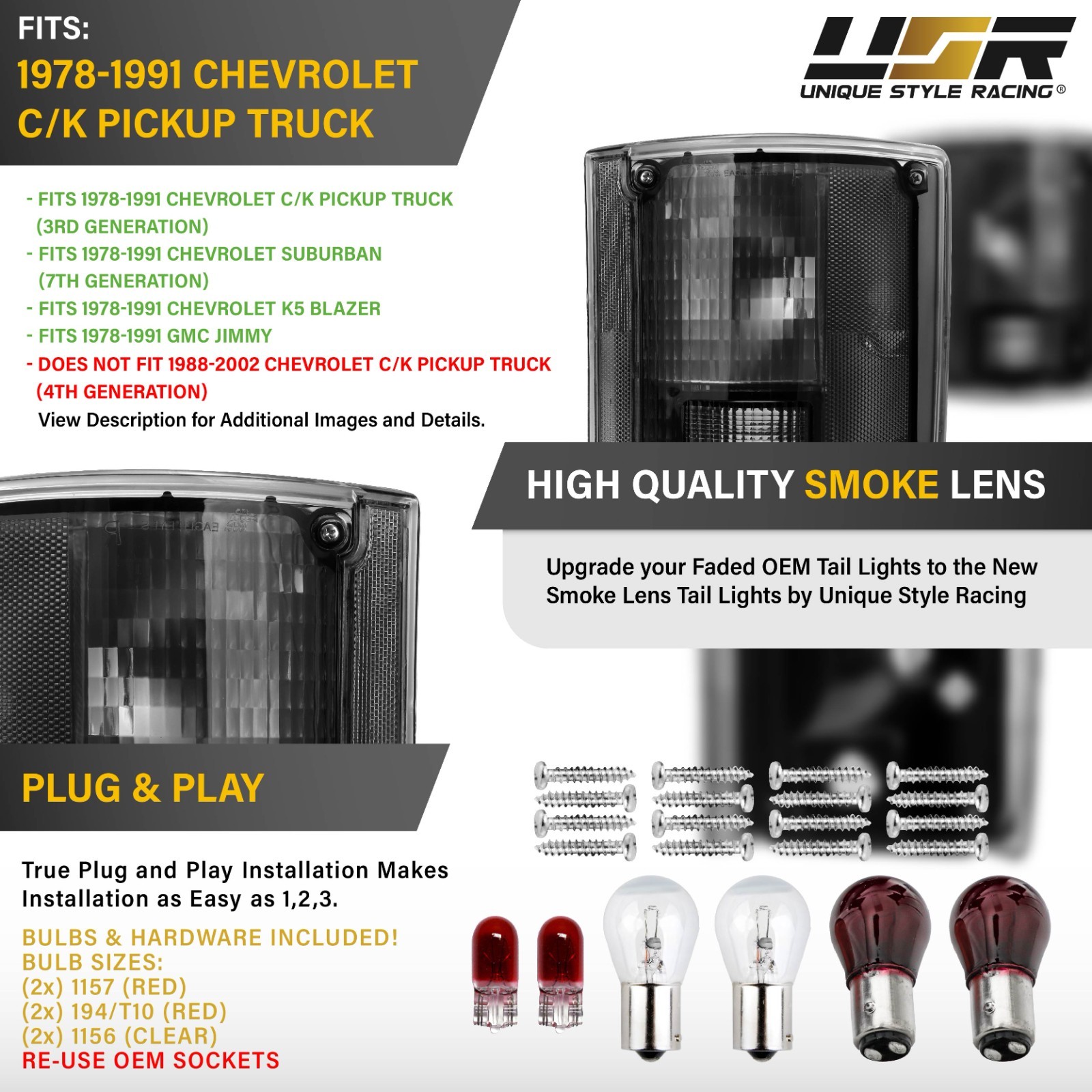 Smoke Tail Light w/ Bulb+Hardware L+R For 78-91 Chevy CK PickUp & Suburban / GMC