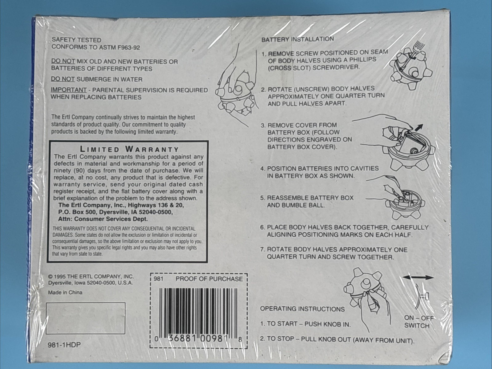 Vintage 1995 ERTL Motorized Bumble Bright New Sealed Classic Toy! Clear NIB!