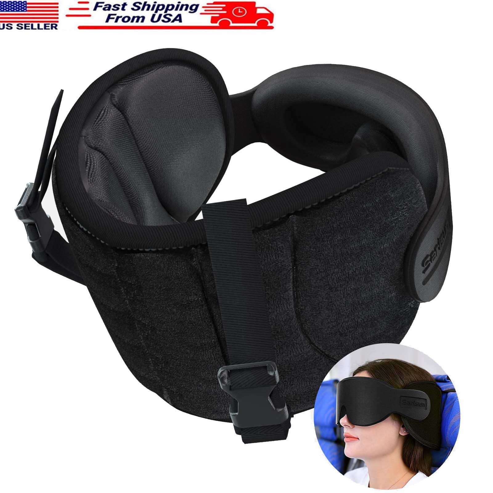Travel Pillow for Airplanes with Head Strap & Eye Mask, 360° Support Headrest
