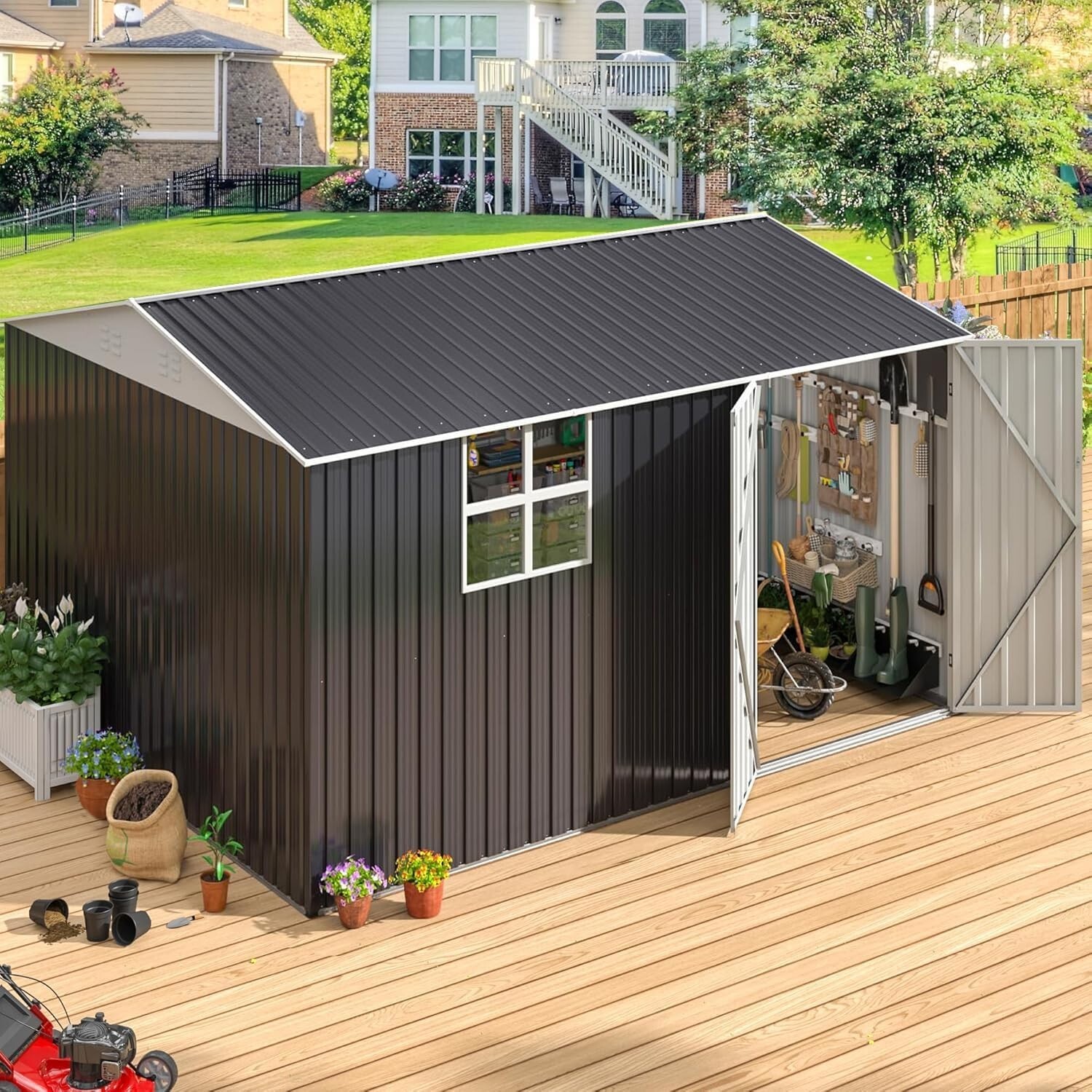 10x12 ft Outdoor Storage Shed, Metal Garden Shed with Lockable Doors, Tool Chest