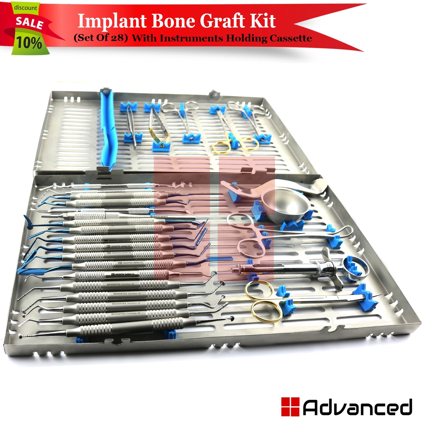 28 Pcs Implant Bone Graft Surgery Kit Dental Surgical Instruments W/ CASSETTE