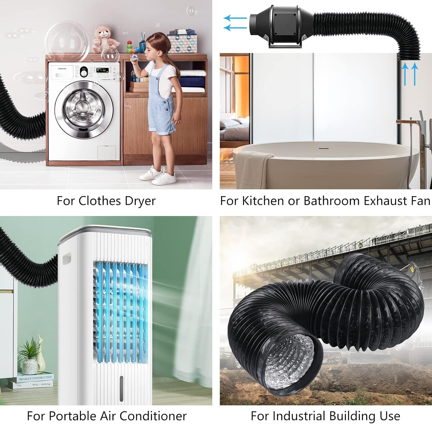 4 Inch 5 Feet Air Ducting Flexible Black Aluminum Vent Hose For Hvac Ventilation