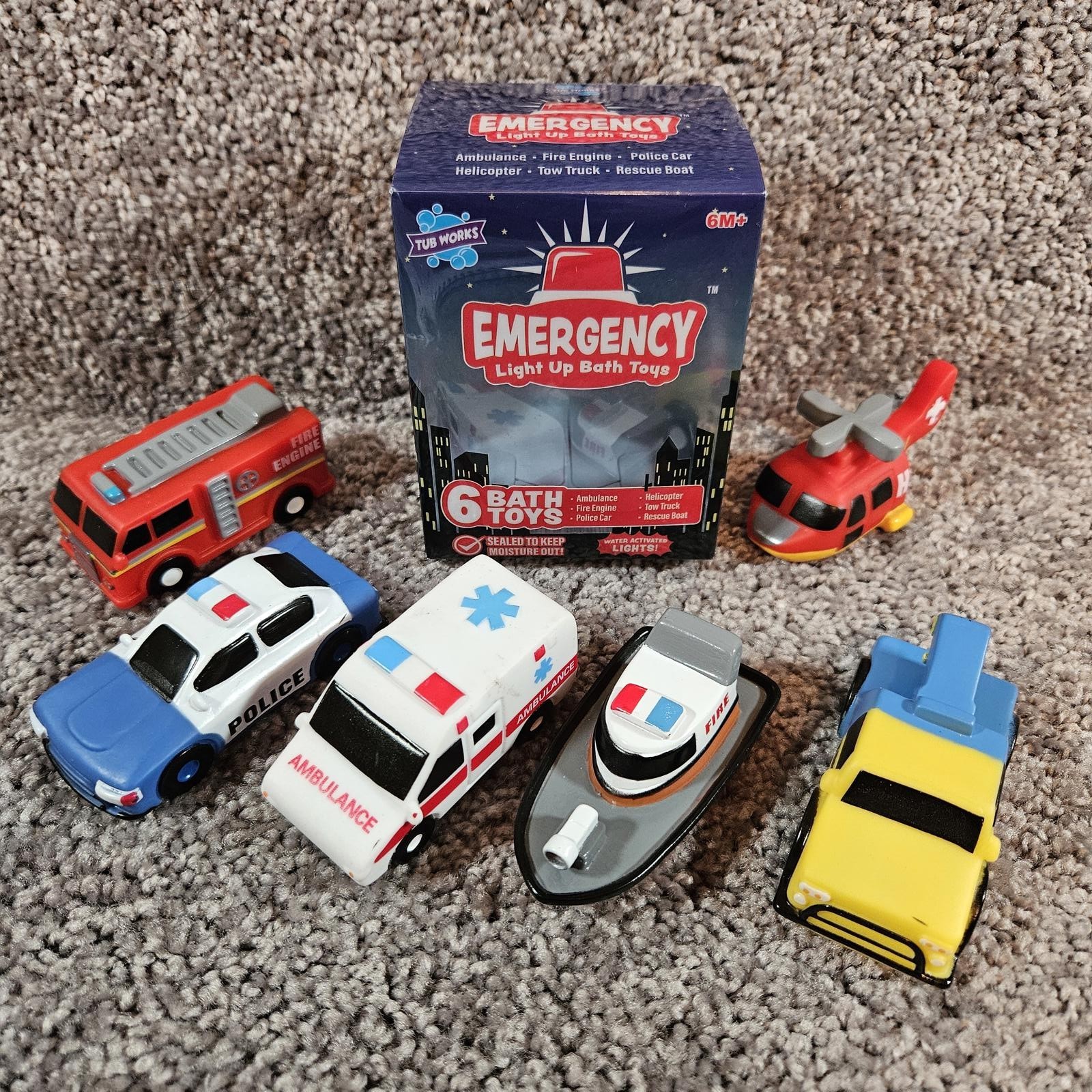 Light-up bathtub toys. Set of 6. Water activated. Emergency vehicles