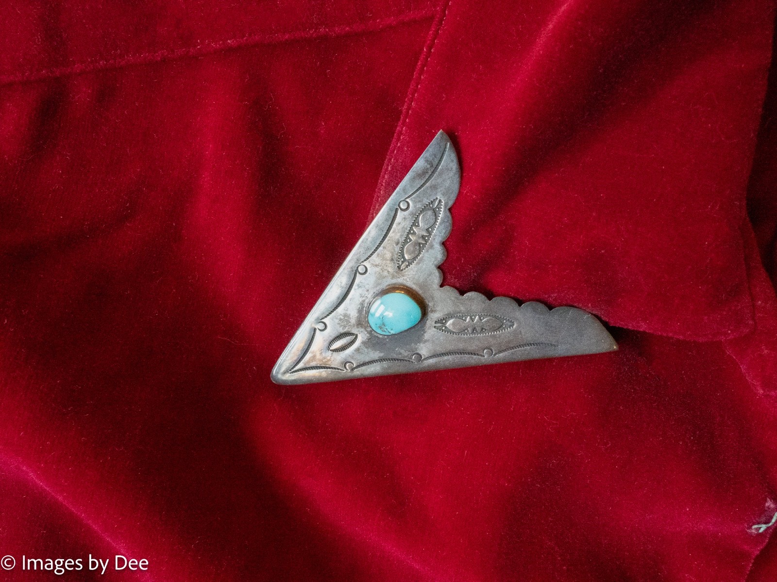 Vintage Navajo Handmade Red Velvet Shirt Sterling and Turquoise Collar tips