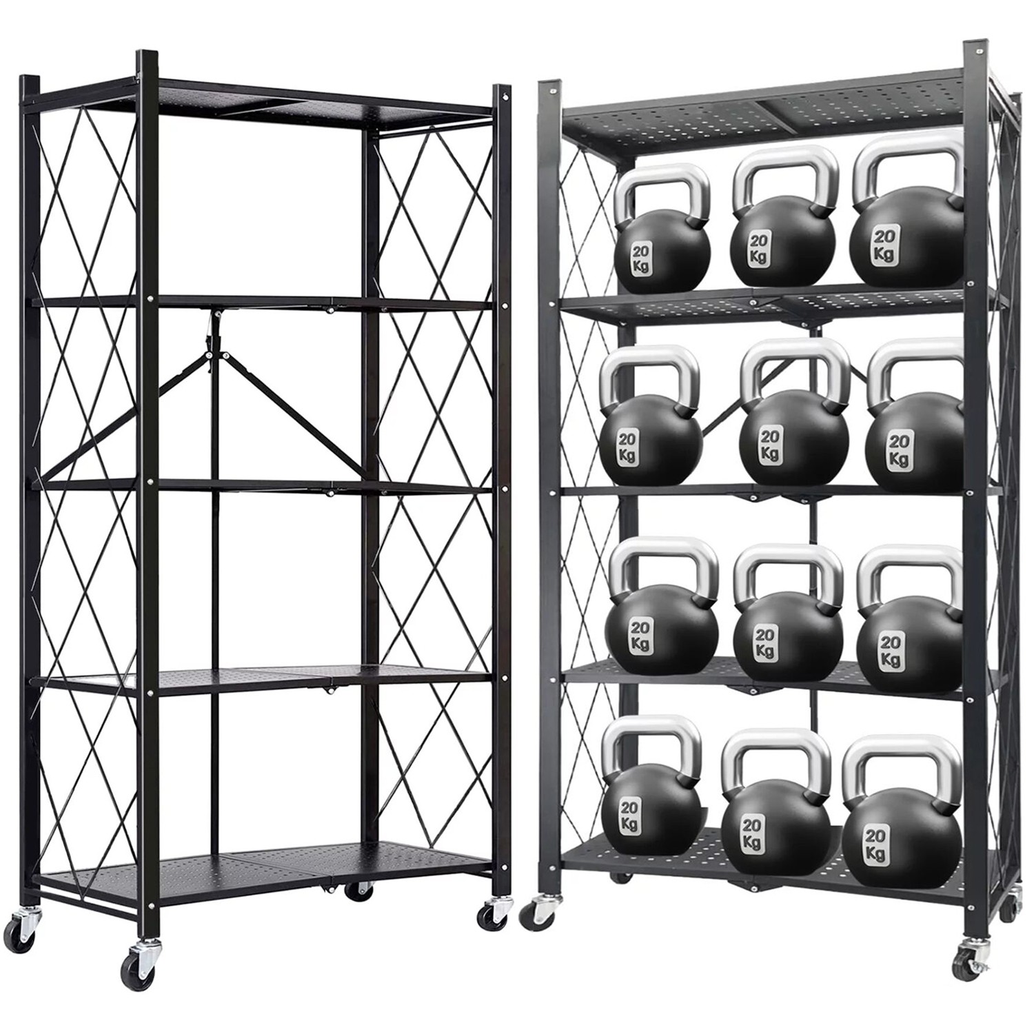 2x Foldable 5-Tier Storage Shelves w/ Wheels Heavy Duty Organizer Kitchen Garage