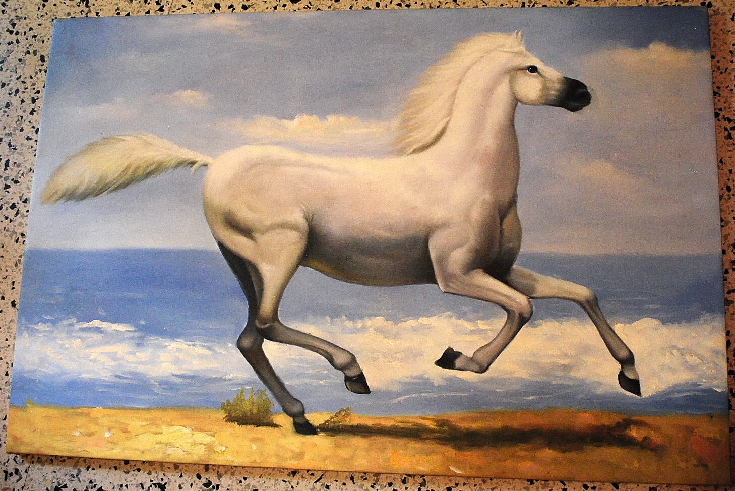 HORSE RUNNING ALONG OCEAN Original Art ACRYLIC PAINTING/CANVAS Signed 36" x 24"