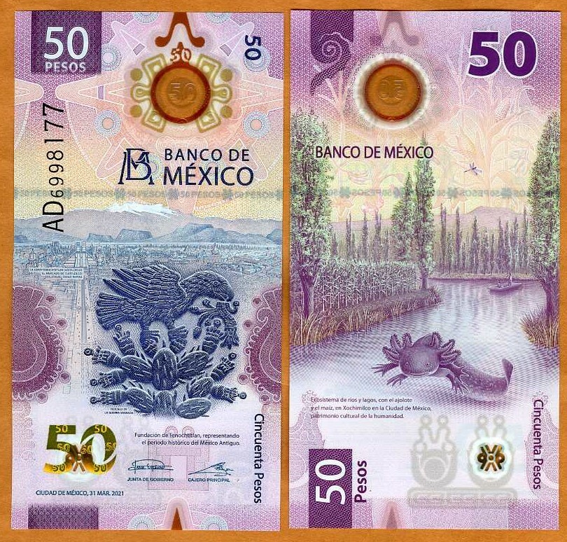 Mexico, 50 Pesos, 2021-2022 POLYMER, P-New UNC Completely redesigned new series