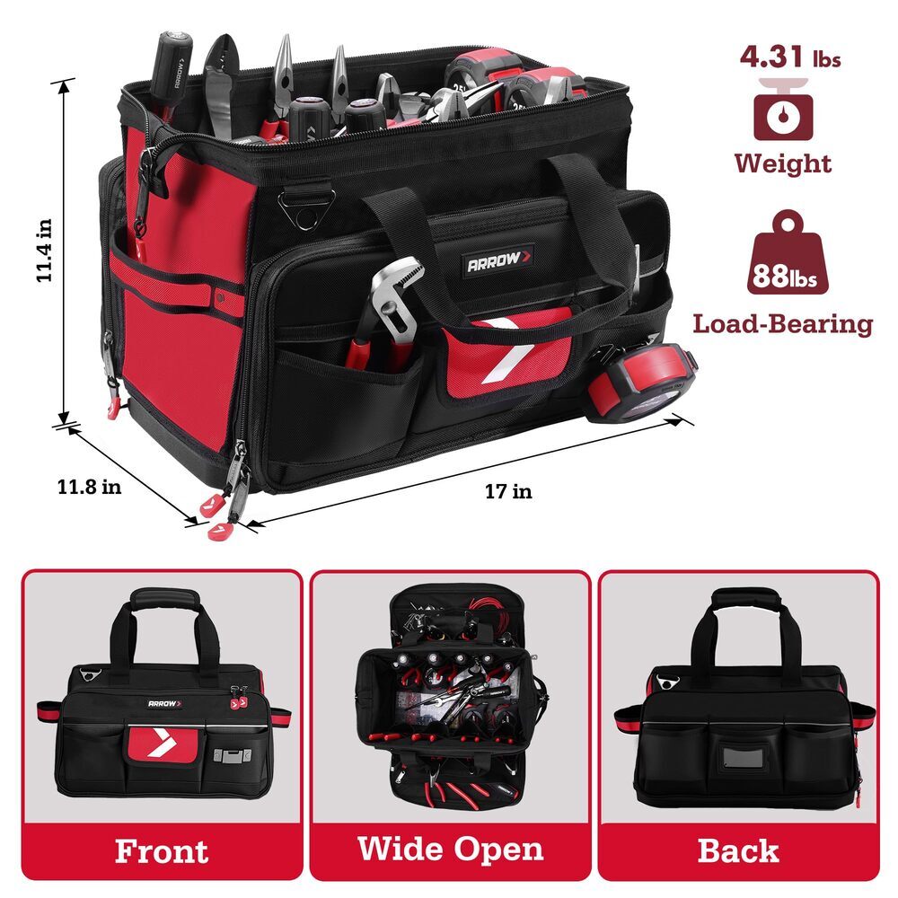 ARROW 17" Large Tool Bag for Men Heavy Duty with Waterproof Hard Base 36 Pockets