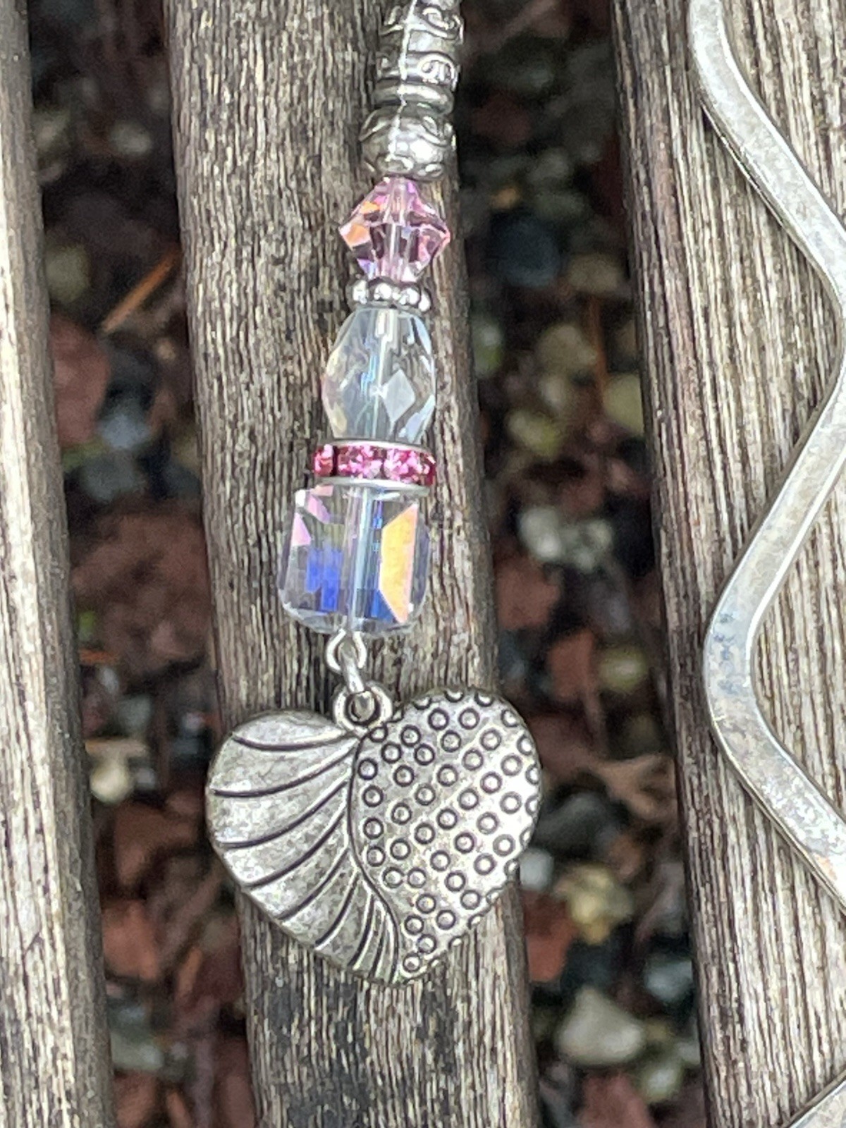 Heart Beaded Bookmark Handmade Crystals Pink Silver Tone Artisan Free Shipping