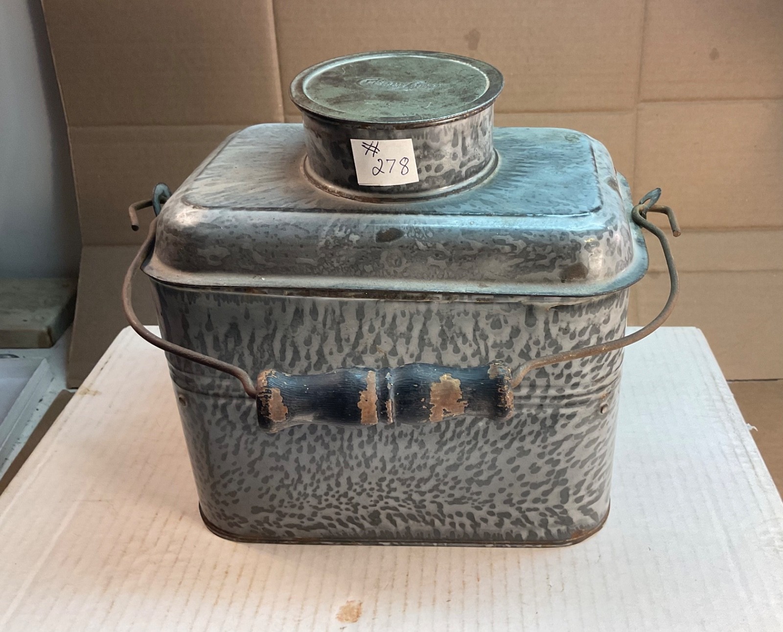#278 MARKED CREAM CITY GREY GRANITEWARE MINERS RAILROAD LUNCH PAIL 5 PCS 8" TALL