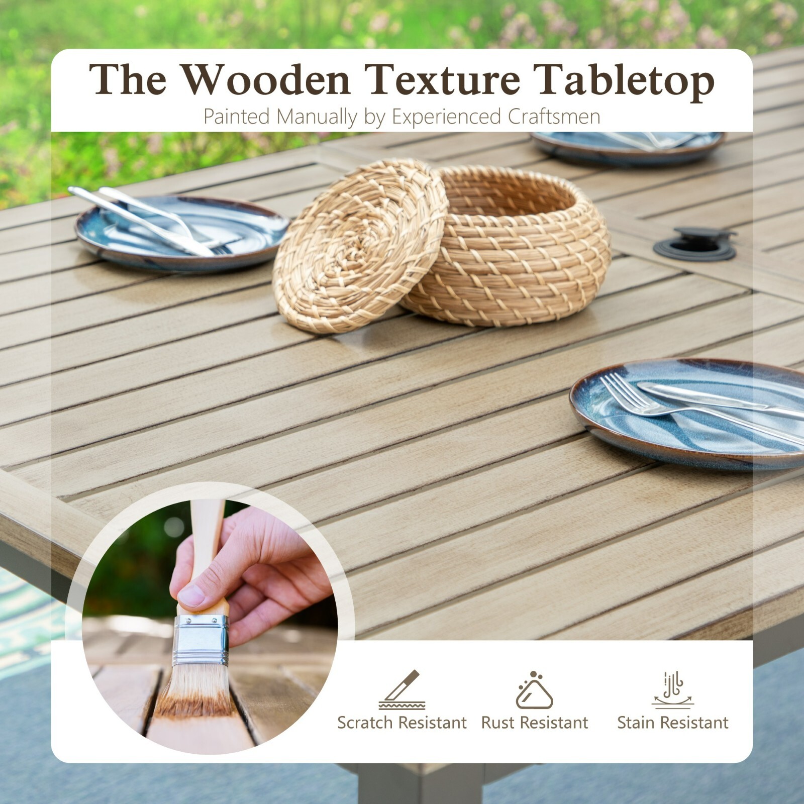 64" Patio Dining Table Metal Large Outdoor Table with Umbrella Hole Heavy Duty