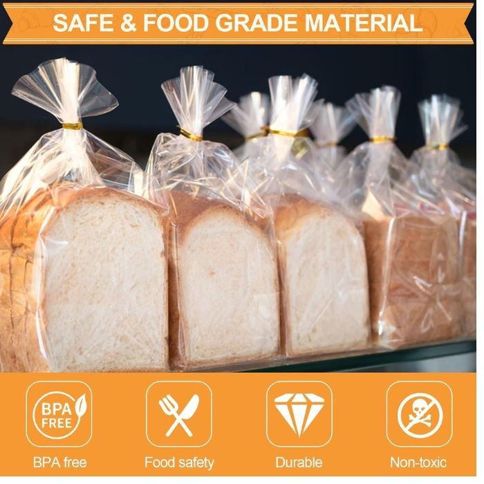 70 Pack Bread Bags with 100 Ties – 8"x4"x18" Clear Reusable Plastic Loaf Bags